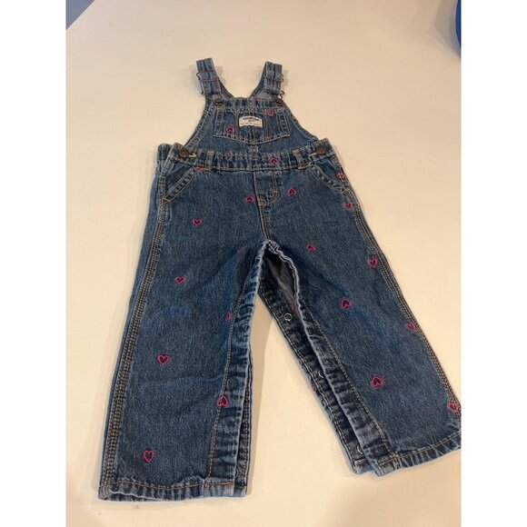 OshKosh Bgosh Baby Girls 18M Denim Overalls With Pink Heart Embroidery